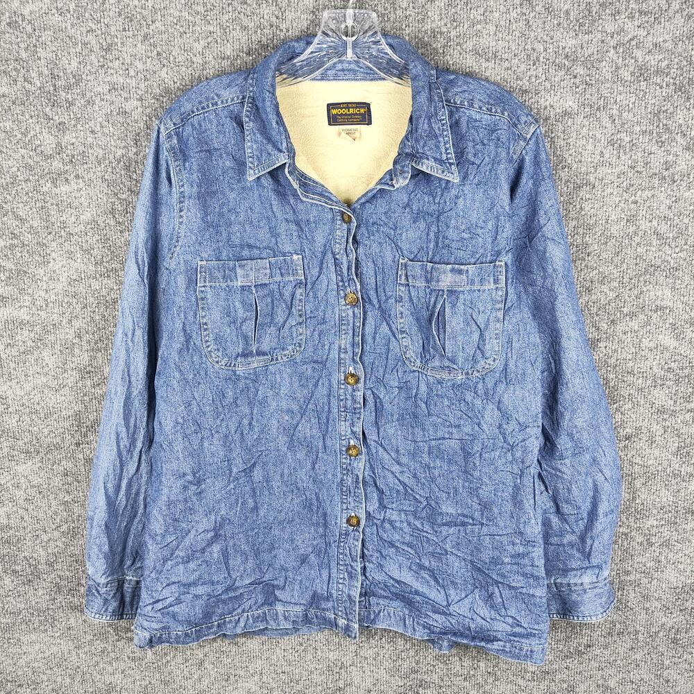 Vintage Woolrich Jacket Womens Large Blue Denim Sherpa Fleece Lined Button Front